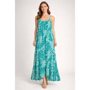 True Destinations Women M Maxi Dress Teal Tropical Floral Braided Straps Ruffle